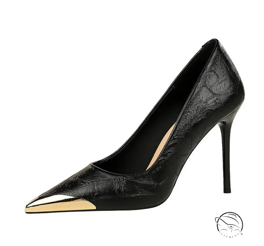 Langry black patent leather super high heel with metal pointed gold toe cap