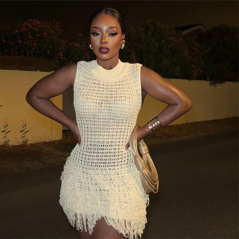 Summer Women Clothing Sleeveless Tassel Hollow out Cutout Slim Fit Elegant Stitching Dress