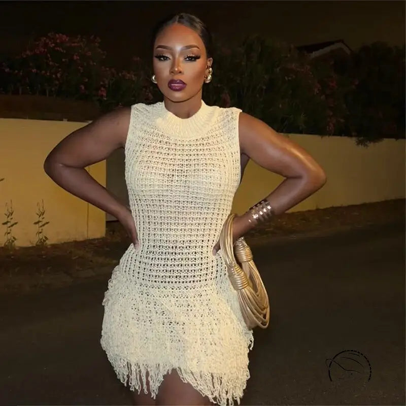 Summer Women Clothing Sleeveless Tassel Hollow out Cutout Slim Fit Elegant Stitching Dress