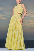 Yellow eyelet two-piece dress from Langry, ideal for casual vacation fashion ملابس