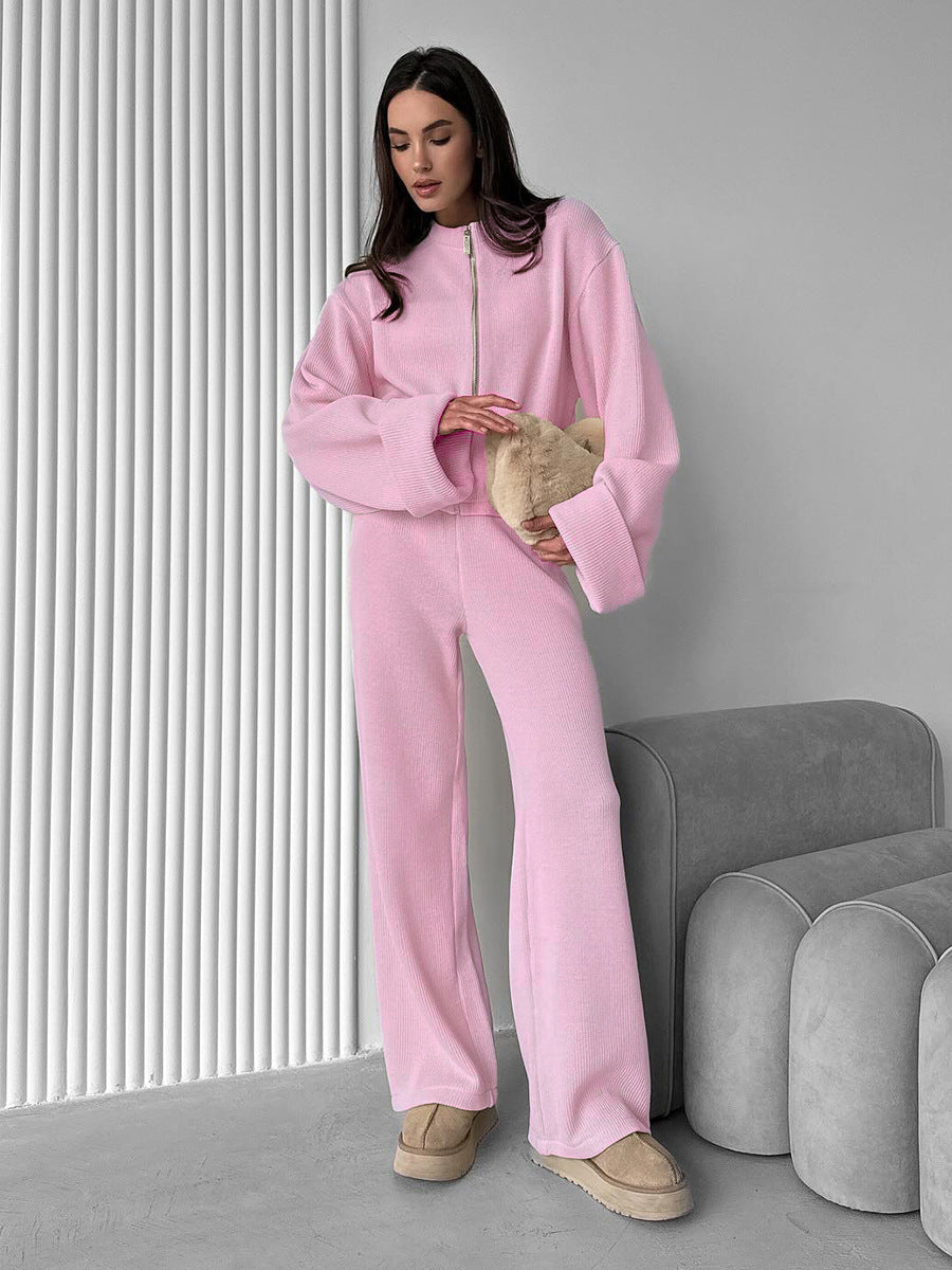 Enchanting langry pink knitted long-sleeved wide-leg pants fashion set