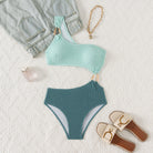 Two-piece mint and teal textured swimsuit, one-shoulder design, Stunning Hollow Out Bikini