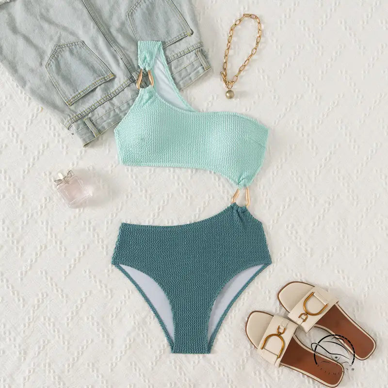 Stunning hollow out bikini in mint teal textured one-shoulder fabric