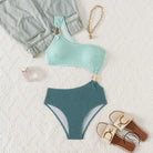 Stunning hollow out bikini in mint teal textured one-shoulder fabric