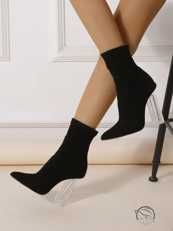 Winter crystal heel mid boots with black pointed-toe and stiletto heels