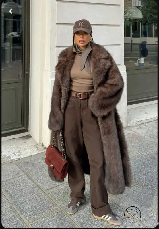 Brown faux fur vintage fox jacket with belt, cap, and Adidas sneakers