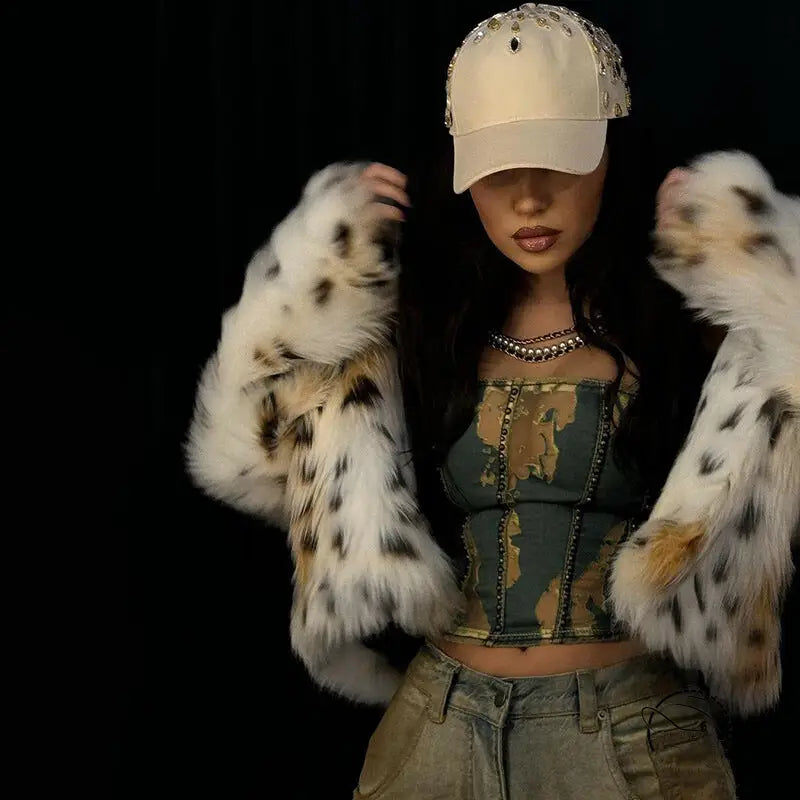 Langry fashion beige rhinestone baseball cap with leopard print fur coat