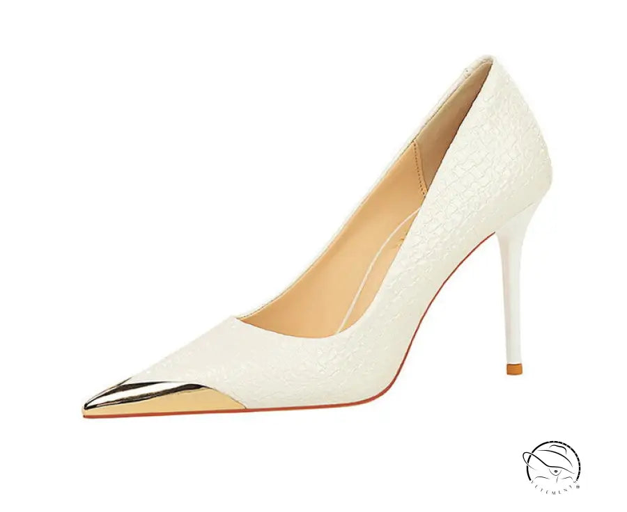 Elegant white Langry leather low cut metal pointed high heel shoe