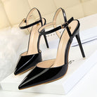 Langry black patent leather slim fit strap high heel sandals with pointed toes and ankle strap in fashion ملابس