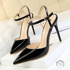 Black leather slim fit strap high heel sandals with pointed toes