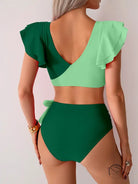 Stunning high waist bikini in two-tone green ruffled swimsuit