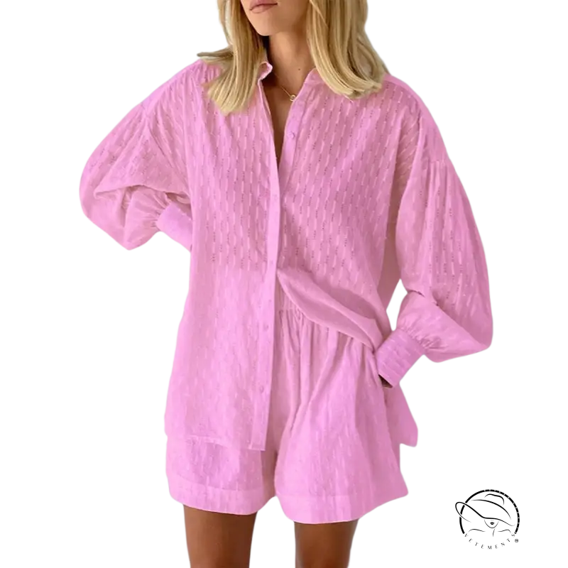 Soft pink jacquard pajamas set shirt dress with relaxed fit and long sleeves