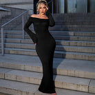 Long-sleeved off-shoulder black fitted maxi dress for elegant fashion choices