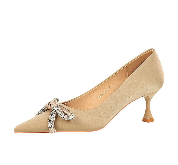 Langry fashion beige satin kitten heel with rhinestone bow