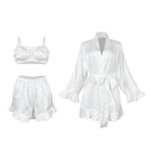 White satin langry robe with ruffled hem and lingerie set