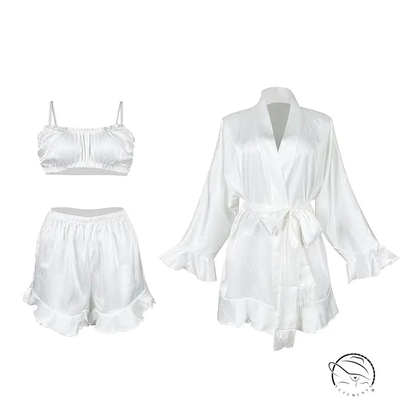 White satin lingerie fashion pajamas set with ruffled hem, three-piece ملابس