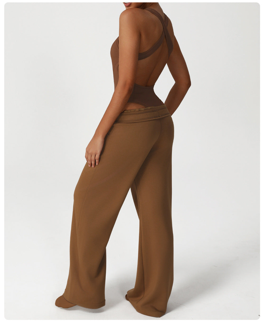 Brown wide-leg langry fashion jumpsuit with sheer back and elastic waistband