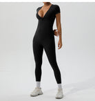 Langry black short-sleeved yoga fitness one-piece bodysuit with deep v-neck