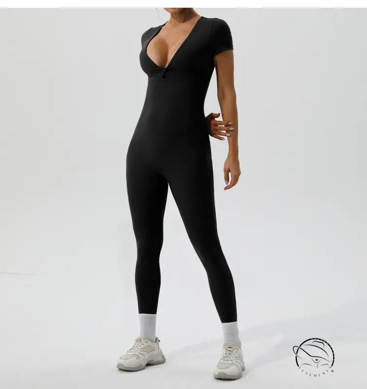 Langry black short-sleeved yoga fitness bodysuit with deep v-neck