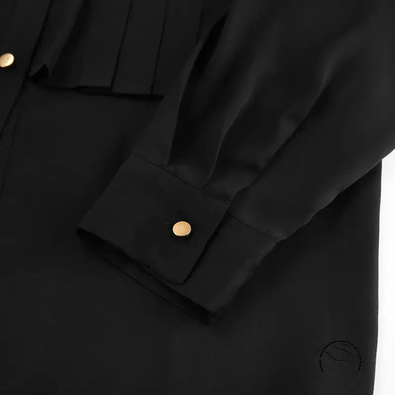 French elegant chiffon black long-sleeved shirt with gold cuff buttons