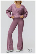 Langry lavender flared pants with hooded sweatshirt set in loose comfortable exercise coat fashion