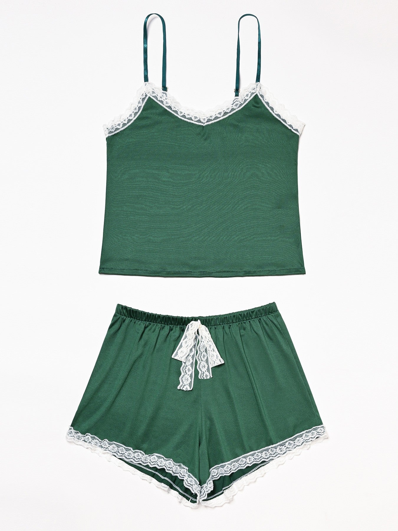 Green satin pajama set with lace trim from Comfy Suspenders, ideal for fashionable langry ملابس