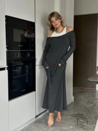 Attractive two-piece langry fashion dress: grey off-shoulder with white tank layering