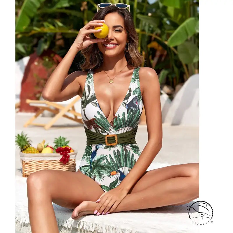 Cute printed one piece swimsuit with tropical belt