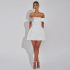 Elegant Off Shoulder Gown Dress featuring lace bodice and A-line silhouette in fashion