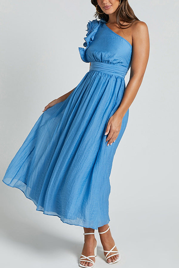 Light blue one-shoulder midi dress with ruffle detail and gathered waist for stylish fashion
