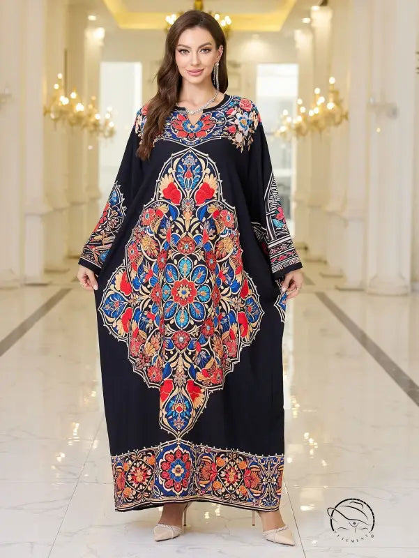 Elegant loose black floral abaya with long sleeve length