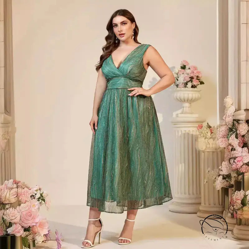 Beautiful suspender maxi dress: plus-size glittery green V-neck midi
