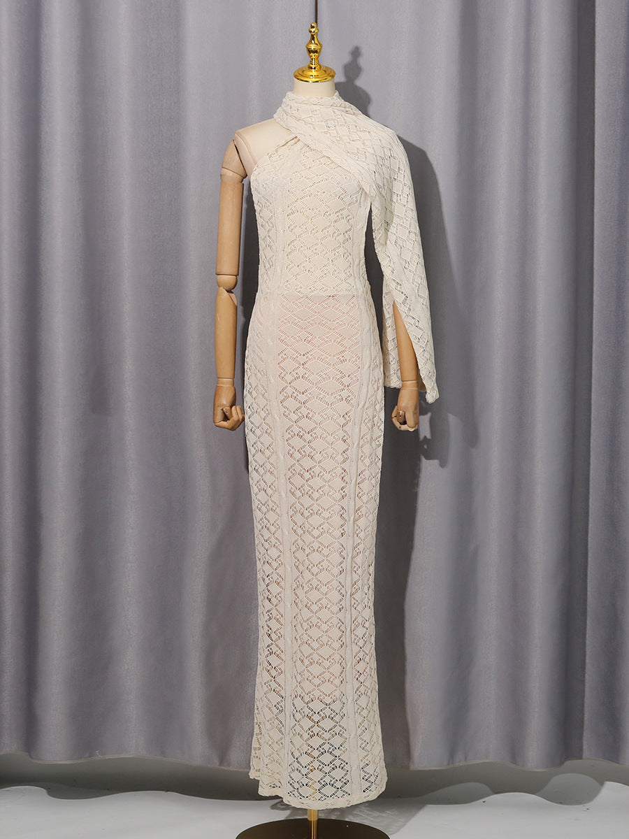 Elegant langry fashion cream lace long-sleeved dress with bell sleeves