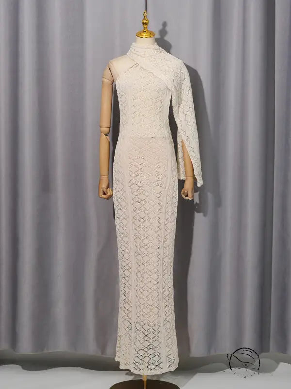 Elegant cream lace langry fashion dress with high neckline and bell sleeves