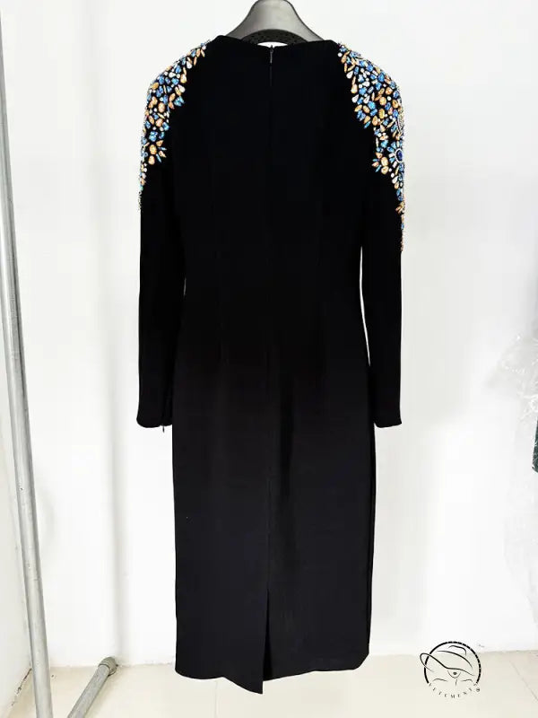 Autumn Winter Star Heavy Industry Beads Diamond Embedded Long Sleeve Mid Length Dress