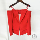 Elegant off-shoulder langry fashion blazer in red with pockets