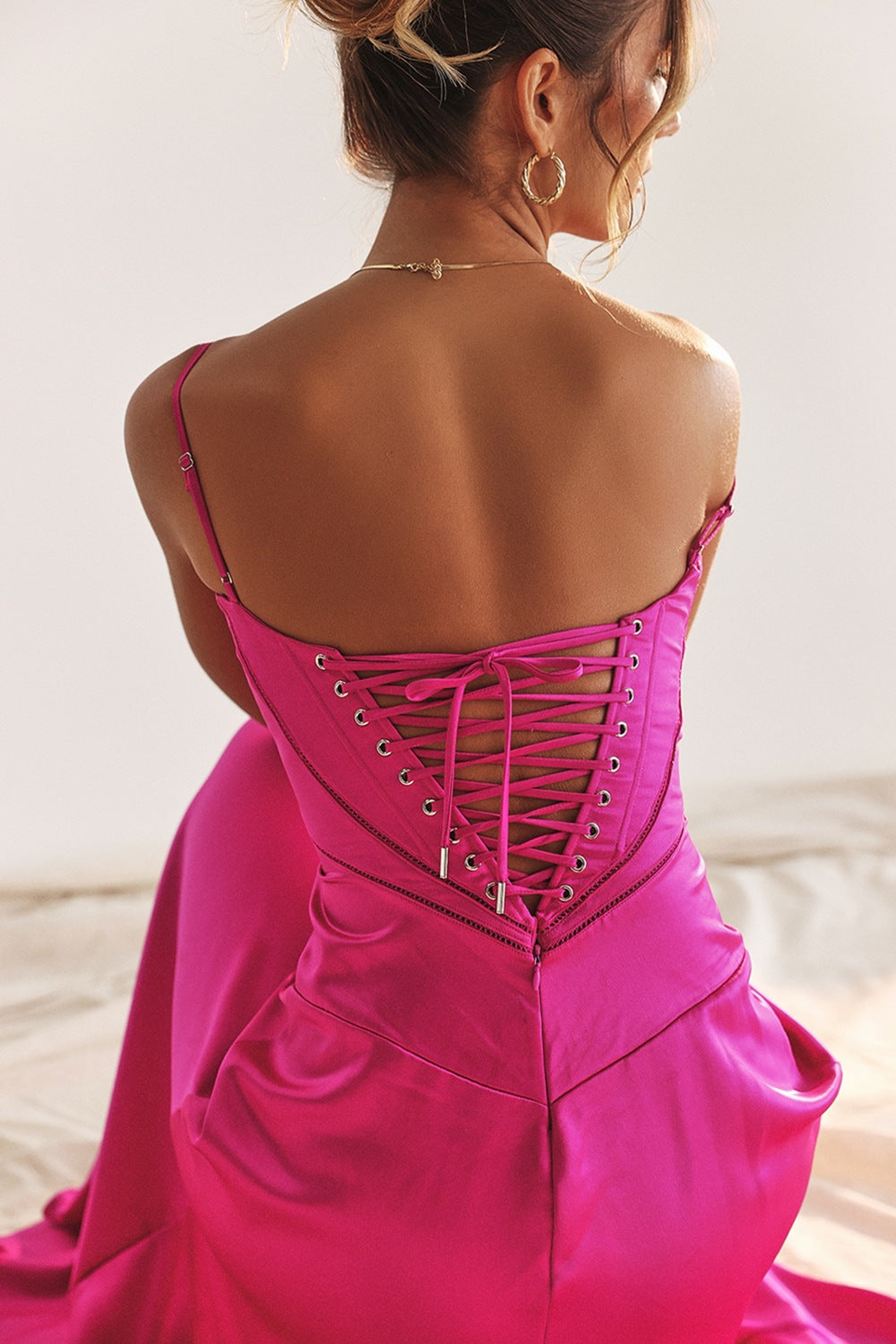 Hot pink corset-style Beautiful Backless Evening Dress for elegant fashion choices