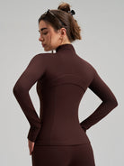 Brown long sleeve zip-up yoga jacket with stand collar and finger stalls