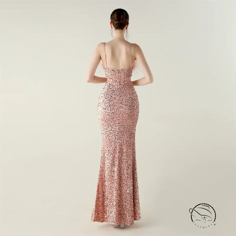 Rose gold sequined langry evening gown with open back