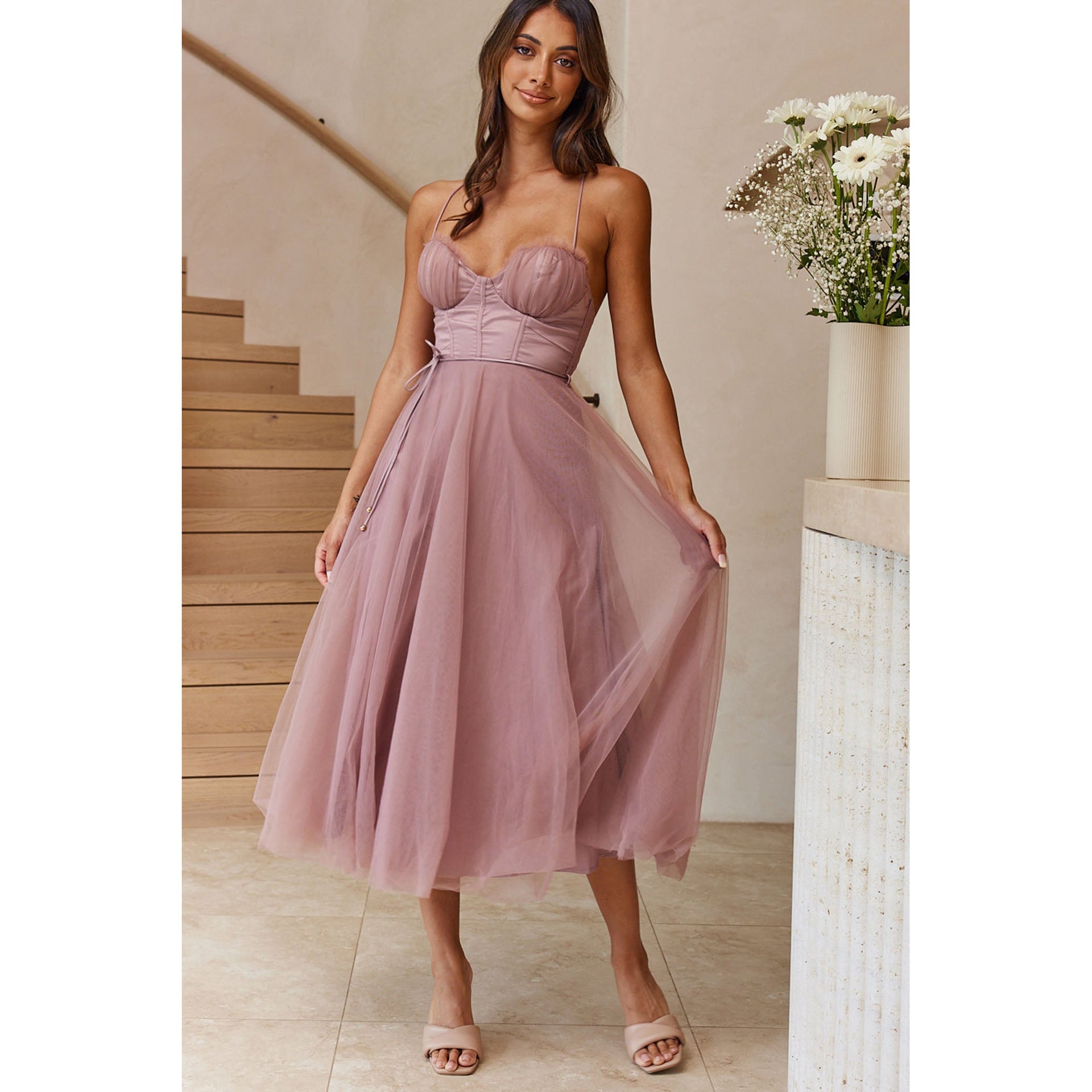 Lavender purple mauve tulle midi dress, elegant sexy sling dress for stylish occasions