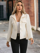 Cream-colored structured blazer with woolen belt waist and stand collar in Langry fashion ملابس