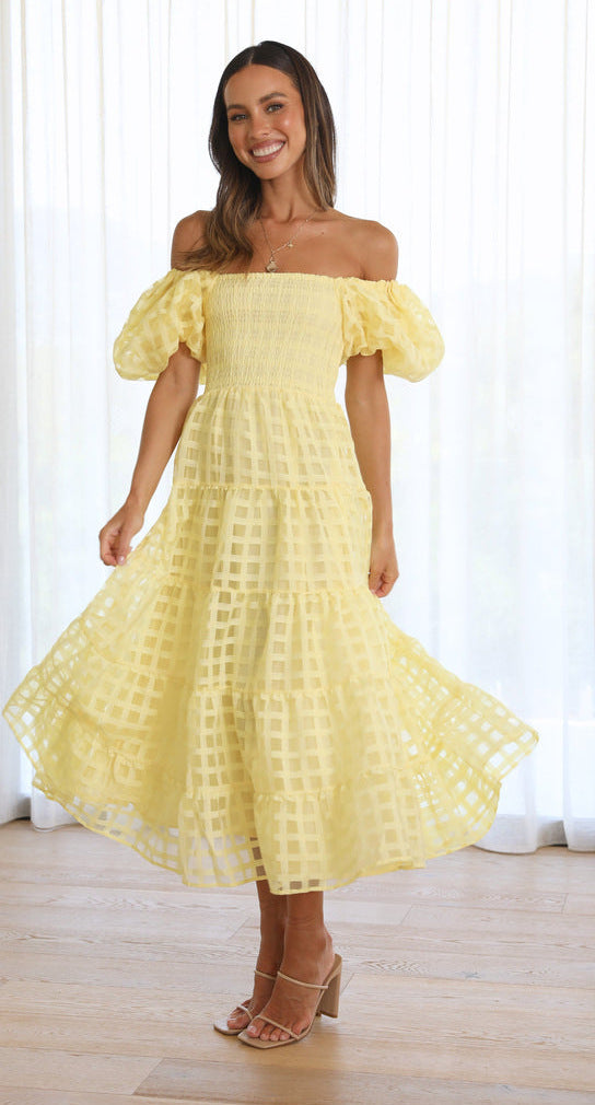 Yellow off-the-shoulder tiered dress from Enchanting Lantern Sleeve Dress collection in fashion ملابس