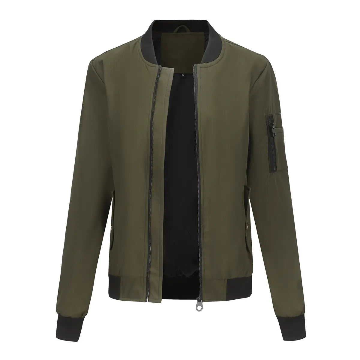 Army Green Casual Varsity Jacket with Pocket and Zipper Closure