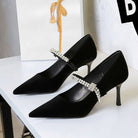 Langry fashion black velvet high-heeled shoes with silver rhinestone accents