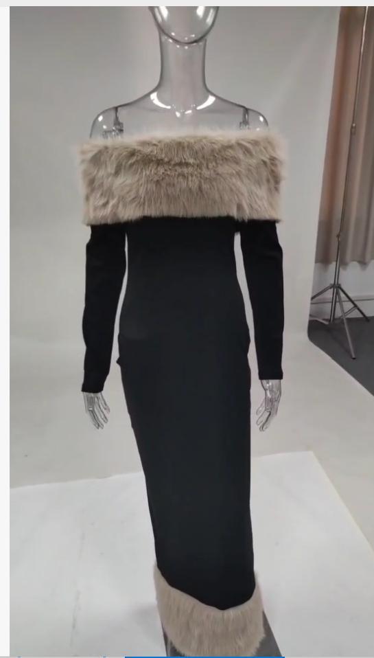 Enchanting langry fur-trimmed slim fit evening dress in black fashion ملابس