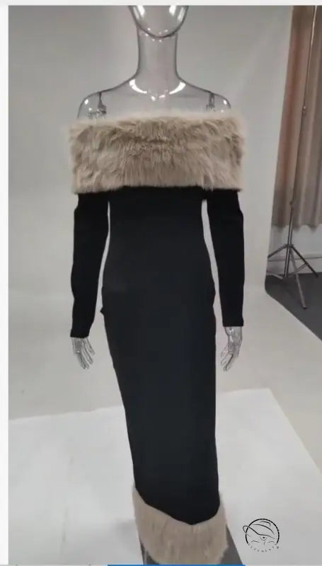 Enchanting fur slim fit black off-shoulder evening dress with fur trim