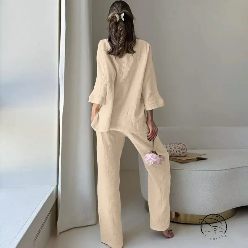 Winter pure cotton two-piece pajama set in beige textured fabric