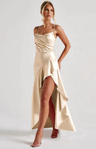 Langry champagne satin formal dress with high slit and thin straps