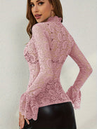 Slim fit lavender lace bell sleeve top with high neckline