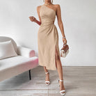 Beige one-shoulder midi dress from Elegant Sleeveless Shoulder Slit Dress collection